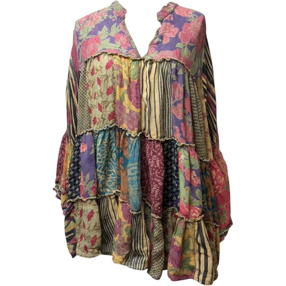 Young Threads Patchwork Peasant Top Fall colored Floral Tiered Boho Blouse 1X